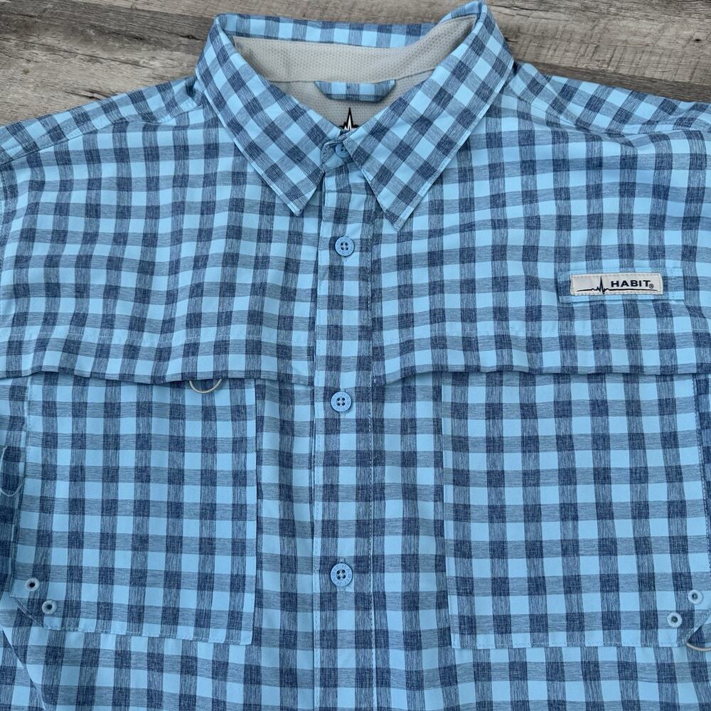 Habit Fishing Shirt Mens XL Vented Lightweight Blue Check 40+ Sun Protection